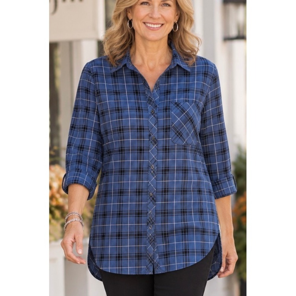 J. Jill Blue Plaid Button Down Shirt S Petite Long Sleeve Cotton Blouse